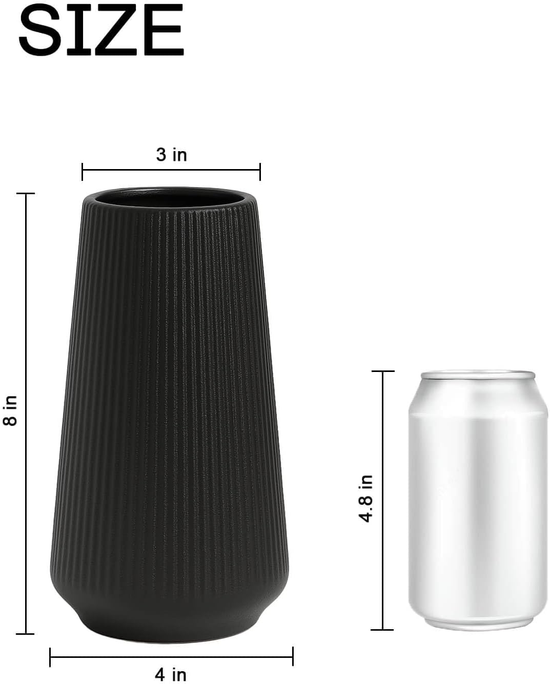 vensovo 8 Inch Glossy Black Ceramic Vase, Ribbed Narrow Neck Flower Vase