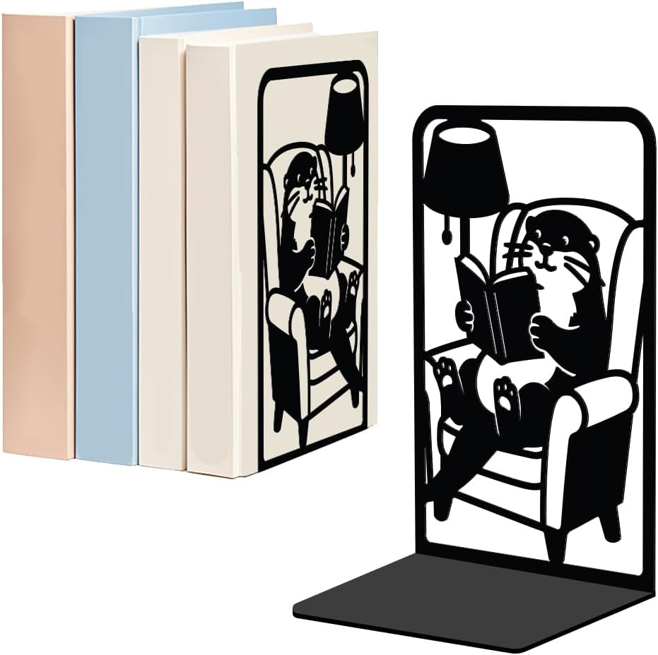 WADORN 1 Pair Reading Otter Metal Decorative Bookend for Shelves, Heavy Duty Book Ends Modern Non-Skid Books Holder Stand Black Book Support Stoppers for Office Desk Bookshelf, 5.3x4.3x7.8 Inch