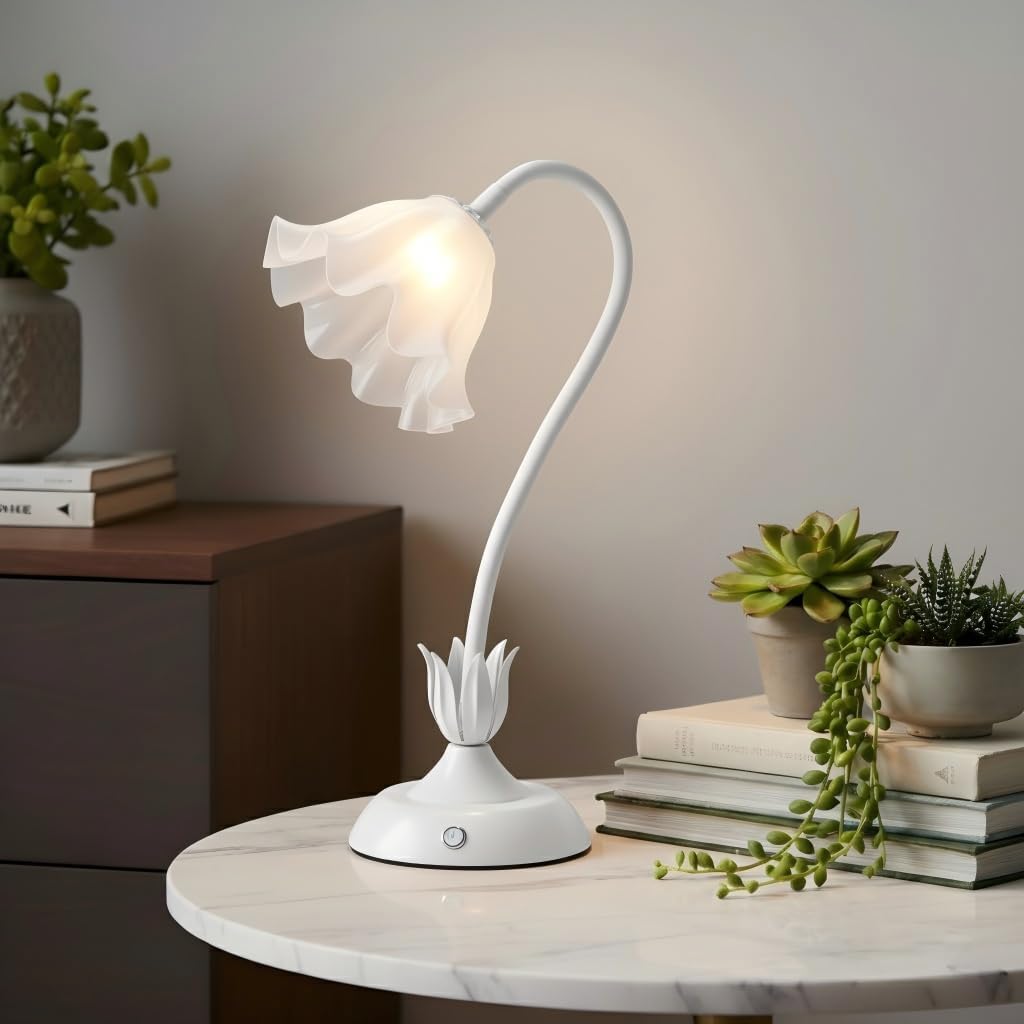 Cordless Flower Table Lamp White, Valentine‘s Gift, 5200-mAh Rechargeable Touch Lamp, 3-Way Dimmable, Build-in Integrated LED 320 Lumen Max, for Nightstand Bedroom Living Room