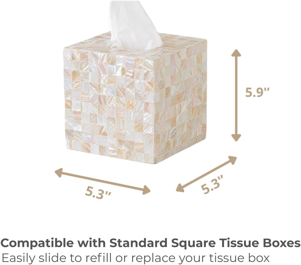 5.9” Mother of Pearl Tissue Box Cover for Kleenex and More – Handcrafted Square Tissue Holder with Sliding Bottom – Decorative Napkin Dispenser for Bathroom, Bedroom, Kitchen, Office