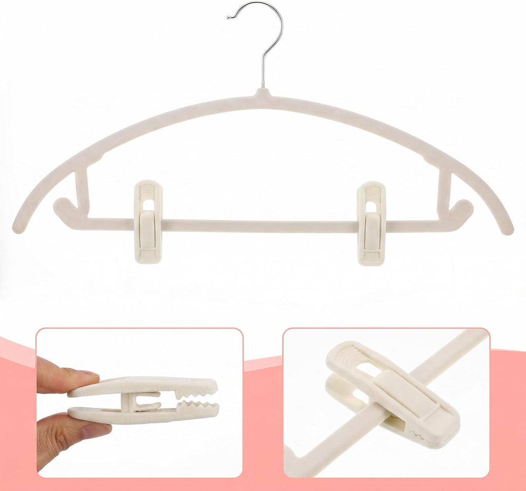 60 Pcs Beige Velvet Hanger Clips, Strong Flocking Finger Clips for Skirts, Pants & Scarves | Non-Slip Clip for Thin Velvet Hangers