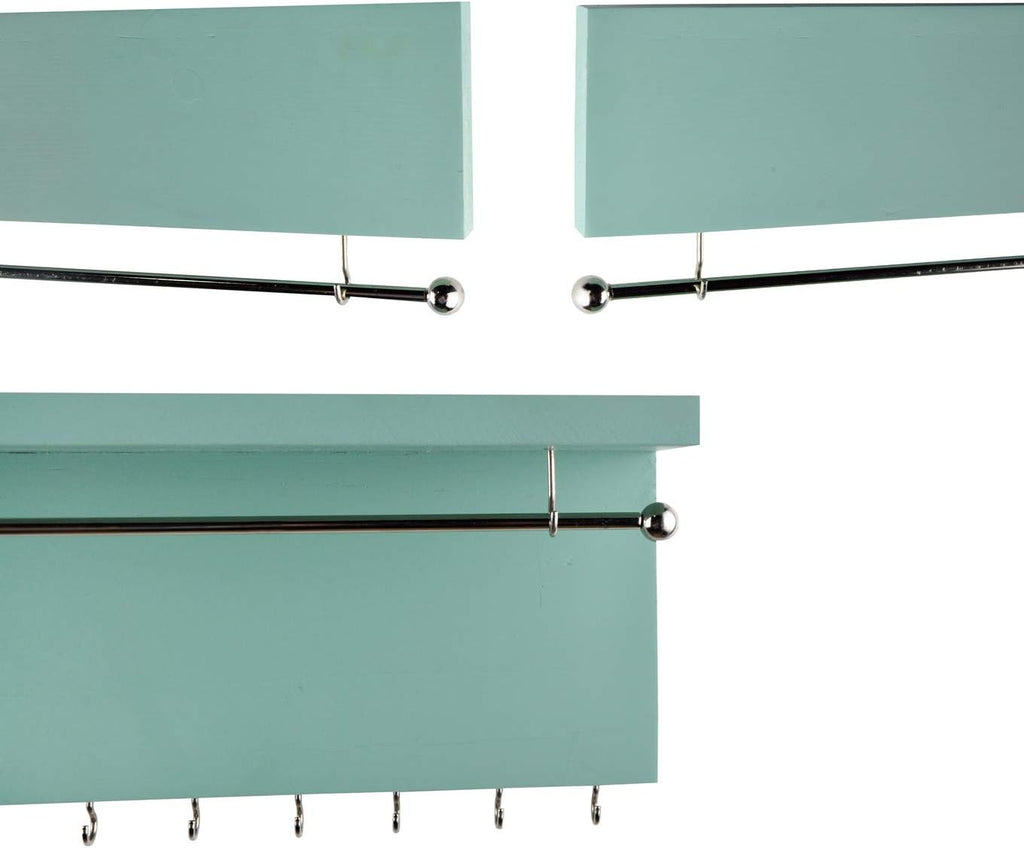 Wall-Mounted Jewelry Organizer - Wood Turquoise - Necklace Holder with Removable Metal Bar - Earrings Bracelets Hooks - Shelf Storage