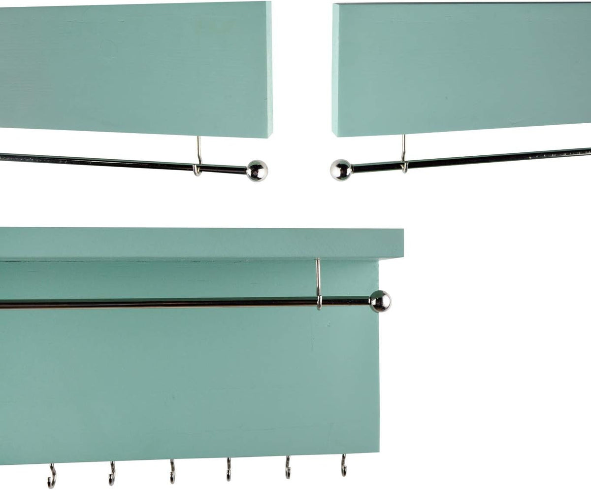 Wall-Mounted Jewelry Organizer - Wood Turquoise - Necklace Holder with Removable Metal Bar - Earrings Bracelets Hooks - Shelf Storage