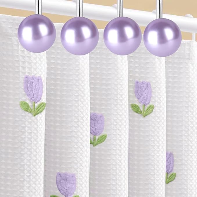 Pearl Shower Curtain Hooks, 12PCS Stainless Steel Anti Rust Artifical Pearl Decorative Shower Curtain Hooks Cute Theme Shower Curtain Hooks for Bathroom Bedroom Room Decor (Purple)