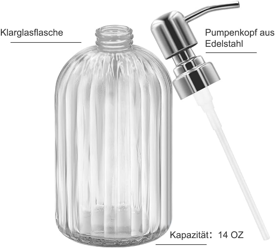 14 Oz Glass Soap Dispenser with 304 Rust Proof Stainless Steel Pump, Refillable Hand Liquid Soap Dispenser for Bathroom, Kitchen, Countertop, Laundry Room (White)