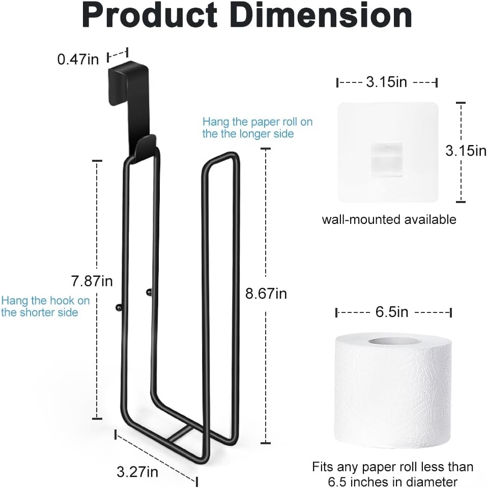Matte Black Extra Toilet Paper Storage for 2 Roll Tissue Over The Tank Toilet Paper Roll Holder Stainless Steel Adhesive Hanging Toilets Tissue Holder Wall Mounted for Bathroom RV Camper(2 Pack)