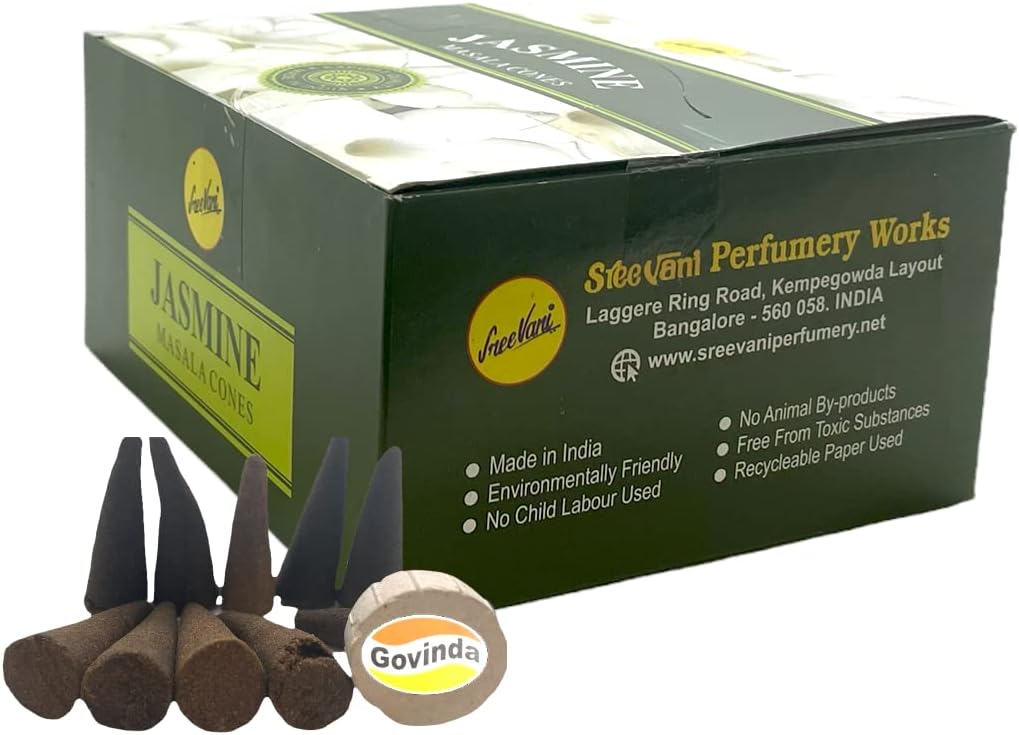Sreevani Natural Masala Incense Cones and Holder Bundle, 120 Cones Total, Jasmine
