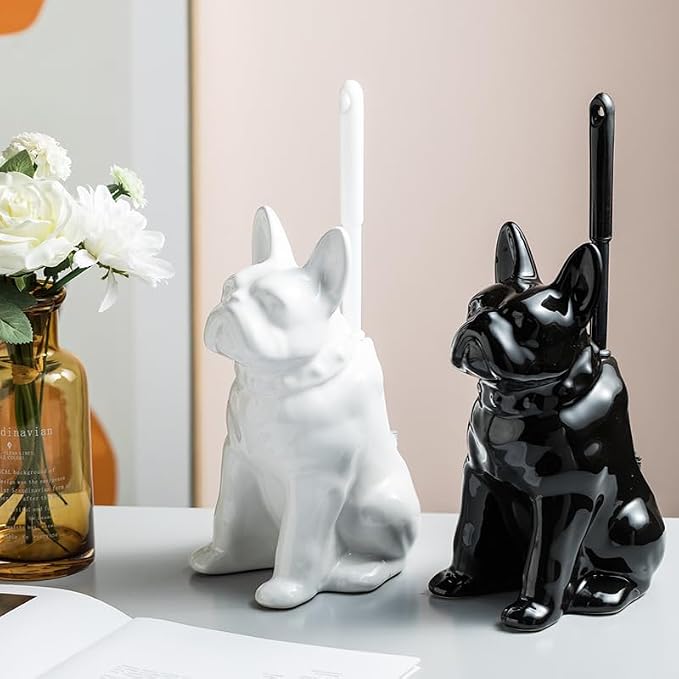 Comeon Ceramic Dog Black Toilet Brush and Holder Set with Plastic Handled