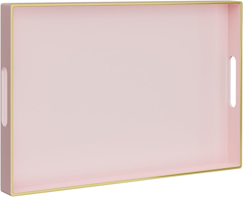 MAONAME Pink Decorative Tray, Rectanrle Plastic Serving Tray with Handles