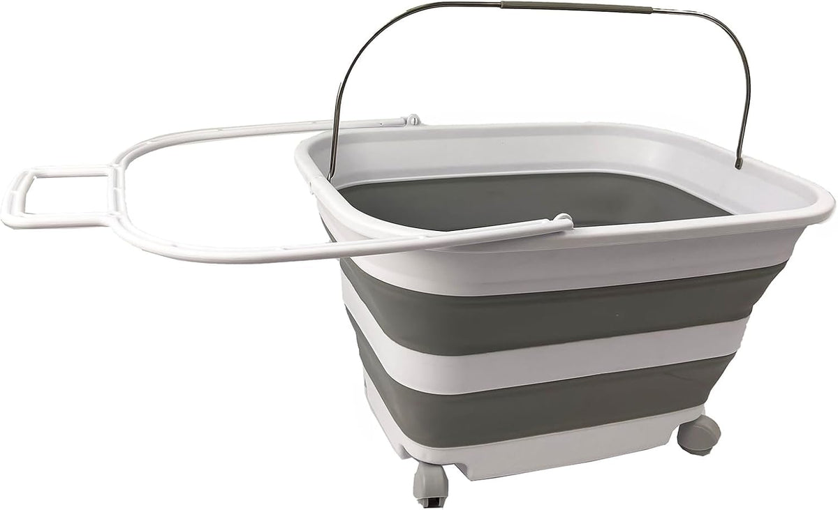 SAMMART 35L (9.24 Gallons) Collapsible Plastic Laundry Basket with Handle and Wheels - Foldable Pop Up Storage Container/Washing Tub - Space Saving (1, White/Grey)