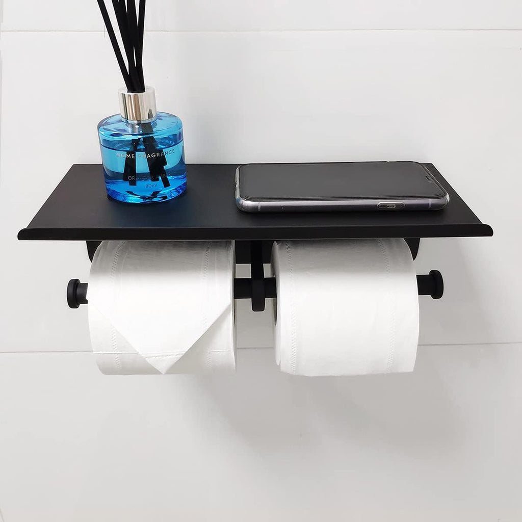 GZILA Double Toilet Paper Holder with Shelf Matte Black Wall Mounted, Dual Large Rolls Tissue Holder Multipurpose TP Dispenser, SUS 304 Stainless Steel