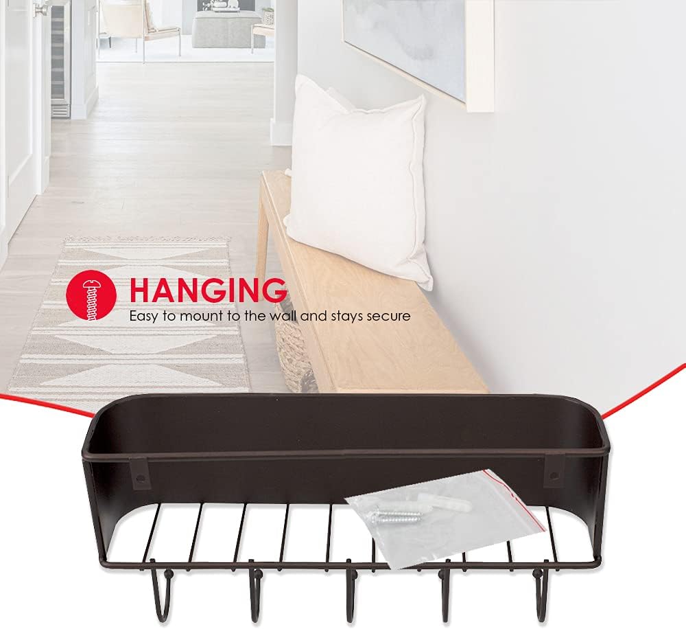 Home Basics Wall Mount Mail Letter Organizer Basket Shelf and 5 Key Hook/Holder in Brown Weave