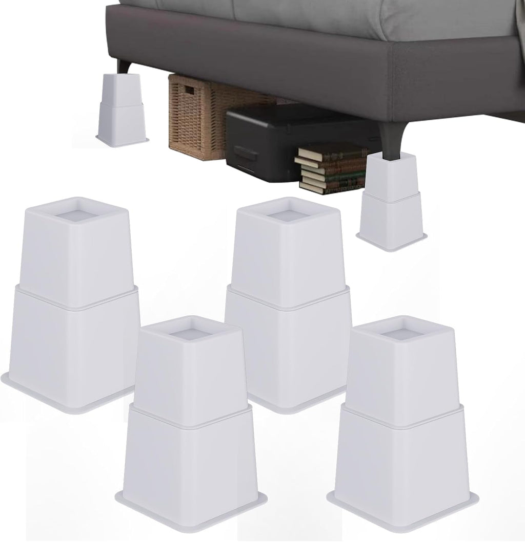 Heavy Duty 8 inch Bed Risers-Set of 4 Adjustable Furniture Risers, Elevation Heights of 3, 5 & 8 Inches, Supports Up to 1,300 lbs for Under-Bed Storage, College Dorms, Table and Couch(White)
