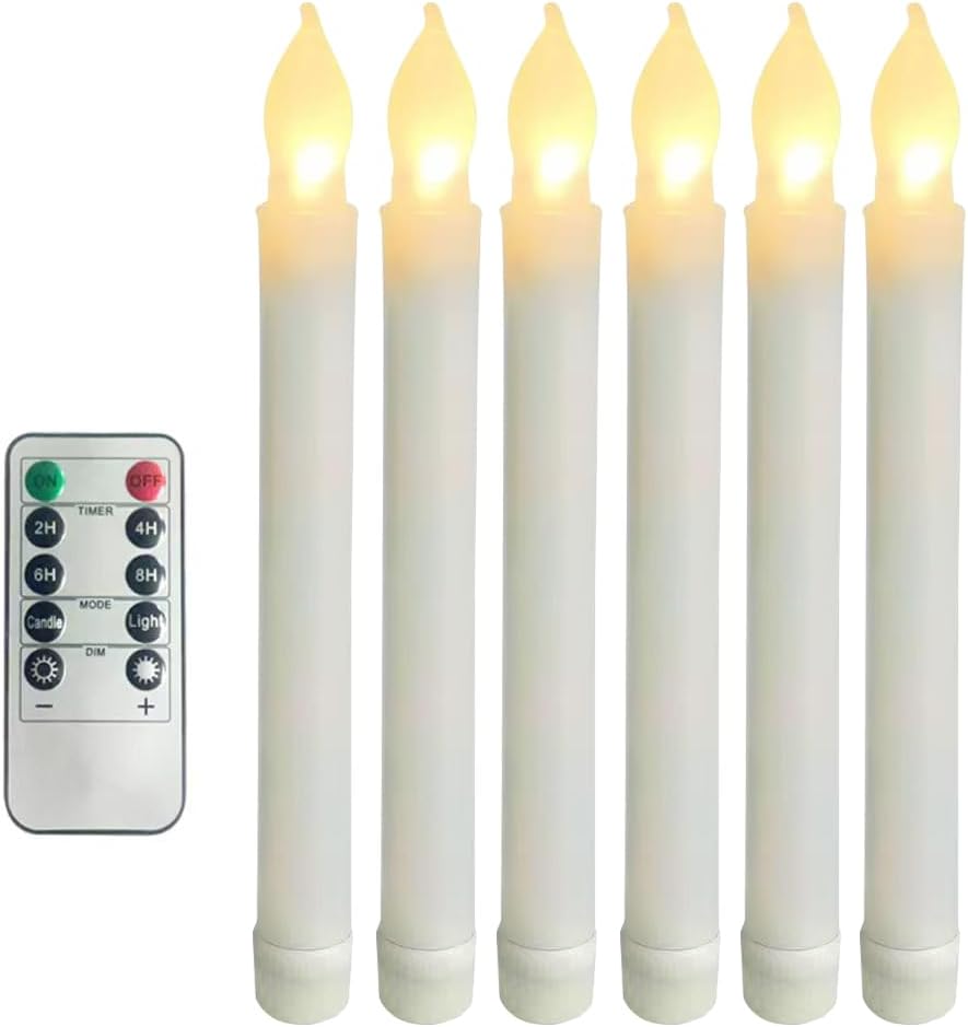 6 Pcs Plastic Flameless Taper Candles with Remote Timer Dimmer, 8.5 inches Taper Candles Battery Operated, Plastic LED with Flickering Flame for Halloween Christmas Church Wedding (Warm White)