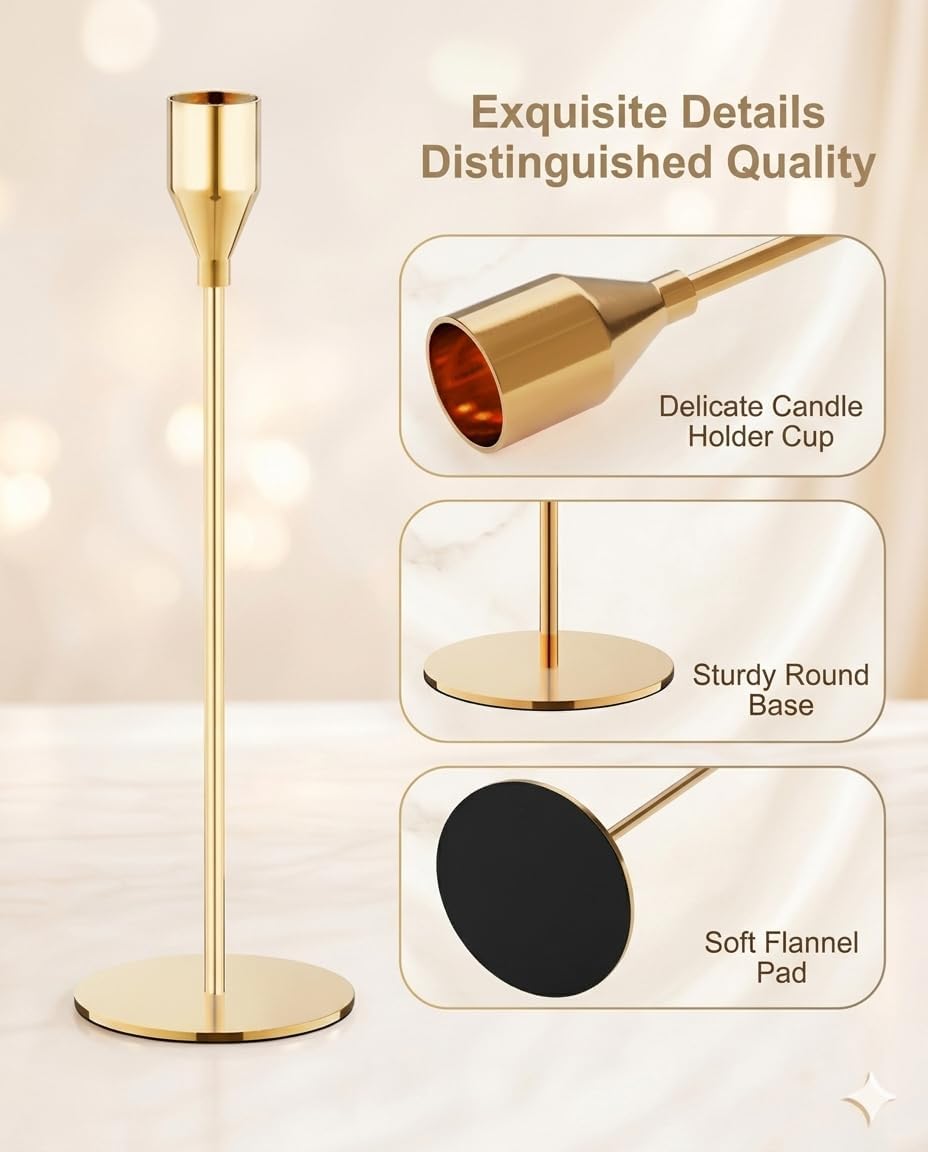 NLBTW Set of 6 Gold Taper Candle Holders, Tall Candlesticks Holder for Dining Table Centerpiece, Fall Decor, Fireplace Mantel & Wedding Gift (Fits 3/4" Thick Candles)