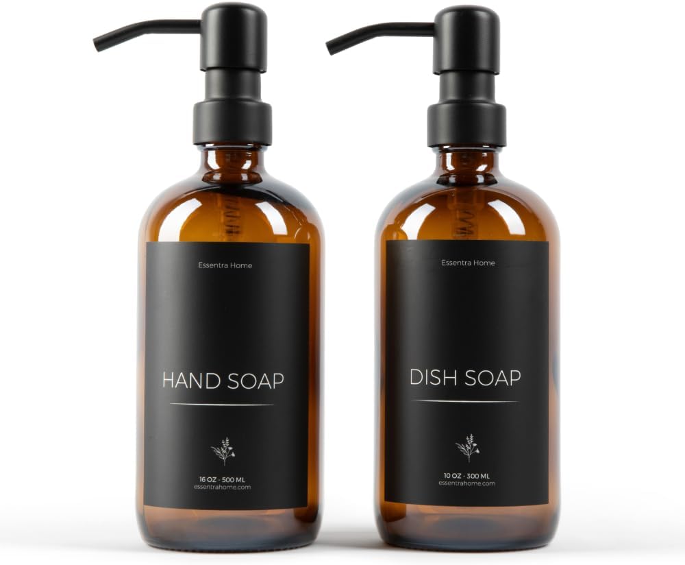 Essentra Home Two 16 oz. Glass Soap Dispensers with Black Pump for Kitchen Sinks, Bathroom Countertop, Shower Refillable Bottles – Waterproof Labels and Foldable Silicon Funnel Included (Amber)