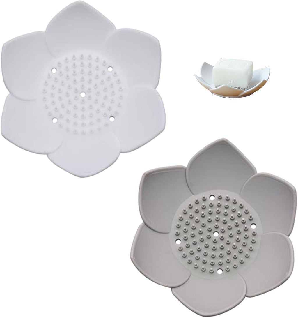 2 Pack Shower Steamer Tray,Flexible Non-Slip Silicone Soap Dish,Lotus Flowers Soap Dish with Drain for Kitchen Bathroom Shower Bathtub Counter (White/Grey)