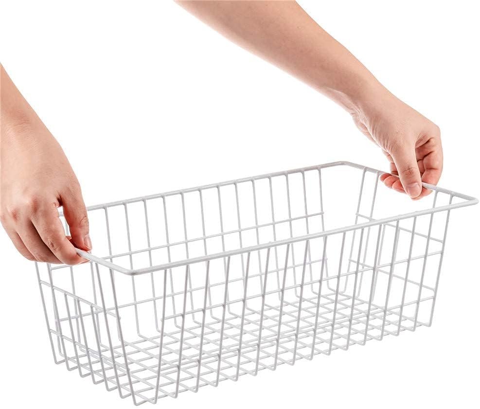 SANNO Freezer Baskets Pantry Storage Baskets Bin Wire Metal Storage Basket, Modern Farmhouse Metal Closet Bins Large Storage Organizer for Pantry, Shelf, Kitchen, Cabinet, Bathroom, White