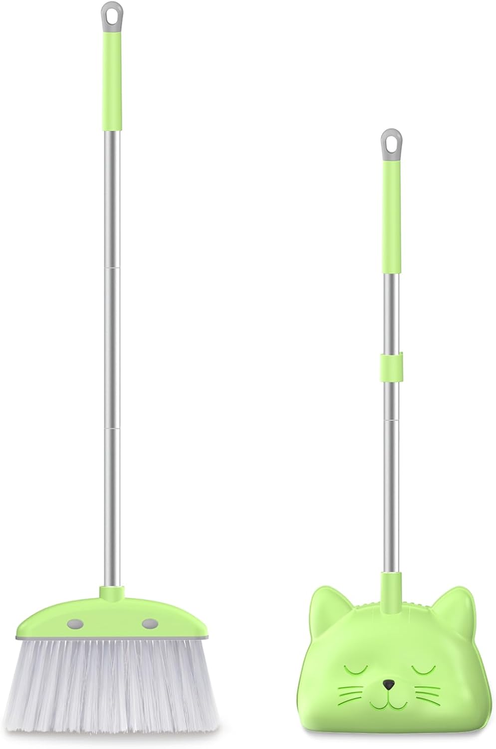 Mini Broom with Dustpan for Kids, 28-in Handle Kids Broom and Dustpan Set for Toddlers Cat-Shaped Children Cleaning Set Boys Girls Small Housekeeping Helper Set, Green
