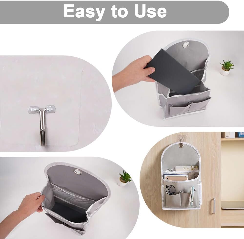 2 Pack Wall Hanging Storage Bag with Pockets, Locker Organizer Basket with Sticky Hook, Fabric Wall Organizer, Waterproof Hanging Bag for Closet Door Bedroom Bathroom Office Home Kitchen(Grey)