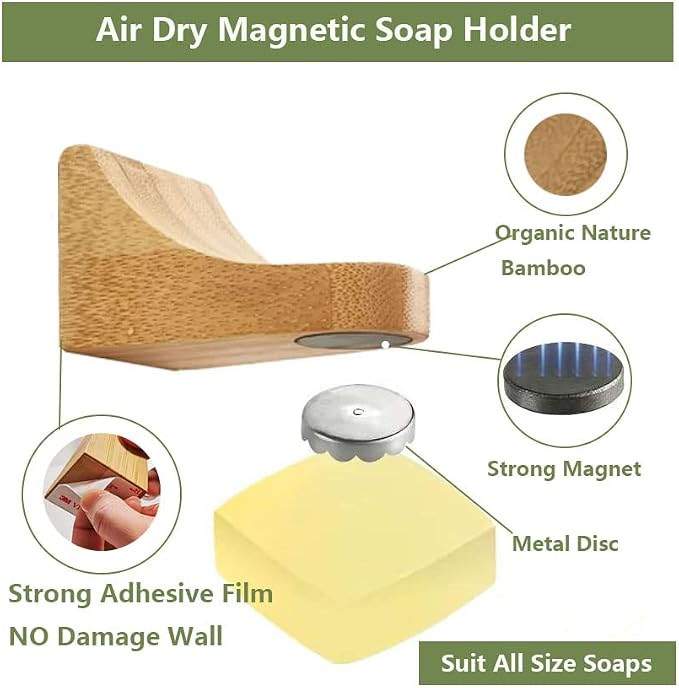(2Sets)Bamboo Magnetic Bar Soap Holder For Shower Wall,Magnet Soap Saver For Bar Soaps Self Draining,Shower Storage for Soaps & Beard Shampoo Bars -No More Soggy Soaps,Soap Dish Dispenser Bath Kitchen