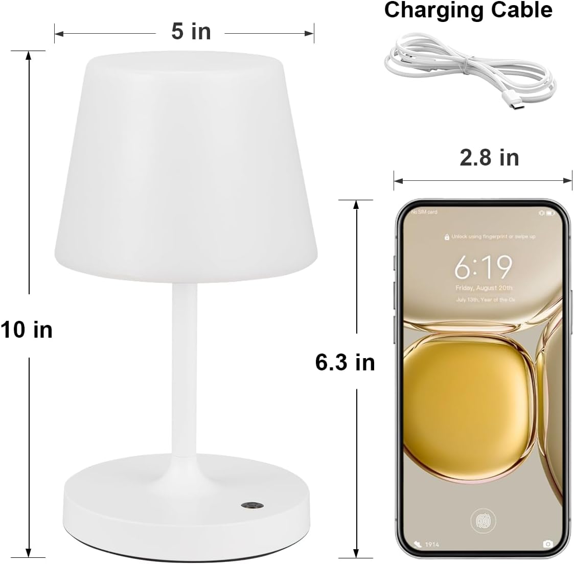 Kakanuo White Cordless Shower Lamp Waterproof, Rechargeable Table Lamp with 4000mAh Battery, Touch Dimmable Desk Light for Outdoor, Kitchen, Bathroom, Camping, Patio, IP54
