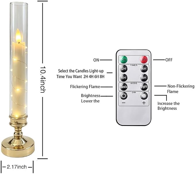 4 Pcs Flameless Candle with Remote Timer, Flickering Battery Operated LED Taper Candles with Embedded Star String Gold Candle Holders for Home, Wedding, Party Christmas Window Candles