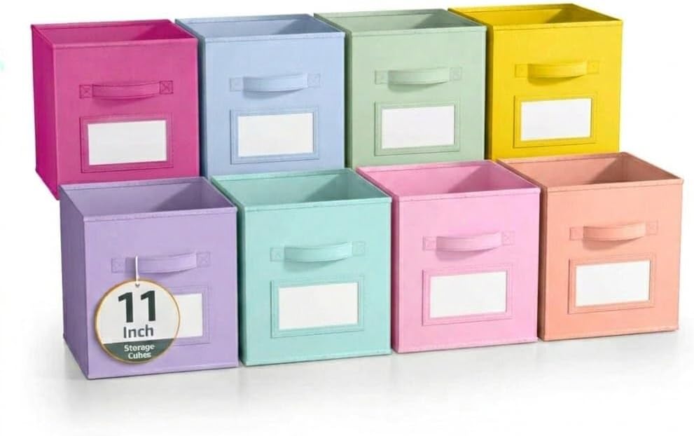 SUREMAX 11 Inch Cube Storage Bin with Label Window, 8 Pack, 8-Color