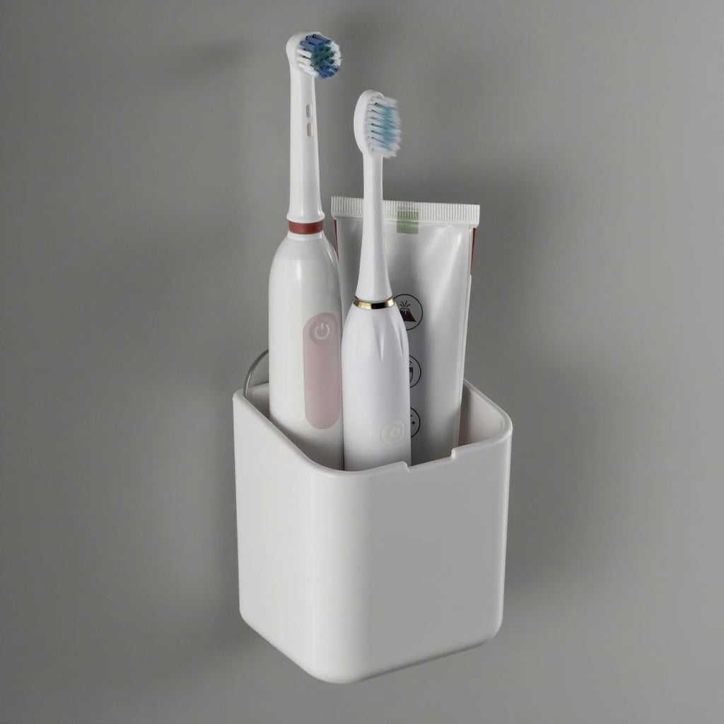 Wall Mounted Toothbrush Holder, No Drilling Shower Holder with Cover for Toothbrushes, Shaver, Toothpaste Storage, Make-up Brushes Caddy