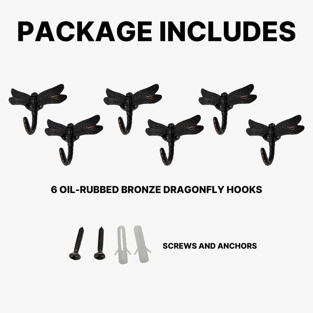 6 pcs Oil Rubbed Bronze Dragonfly Decorative Wall Hooks for Hanging Coats, Keys, Towels, Bags, and More
