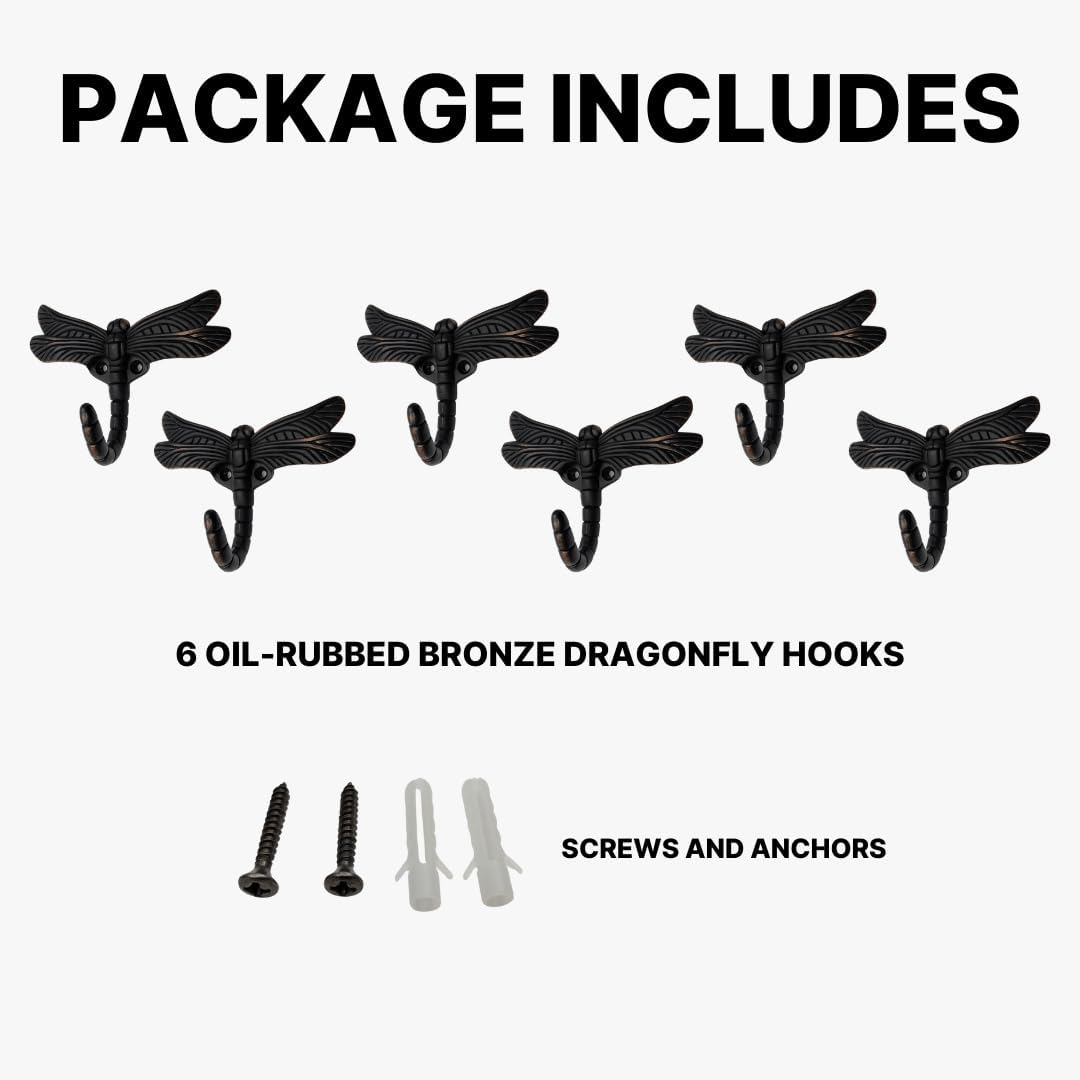 6 pcs Oil Rubbed Bronze Dragonfly Decorative Wall Hooks for Hanging Coats, Keys, Towels, Bags, and More