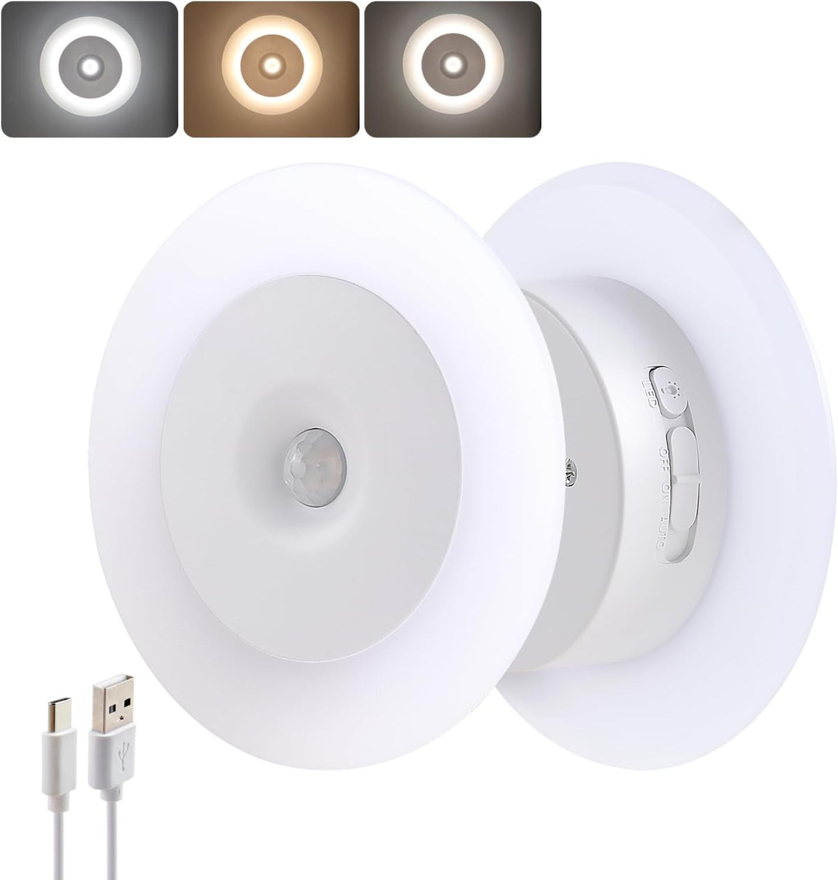 DAMI Rechargeable Motion Sensor Night Light Indoor, 1200mAh LED Closet Light with 3 CCT (3000K/4500K/6500K), Dimmable, Magnetic Stick-On Stair Lights for Hallway, Bedroom(2 Pack)