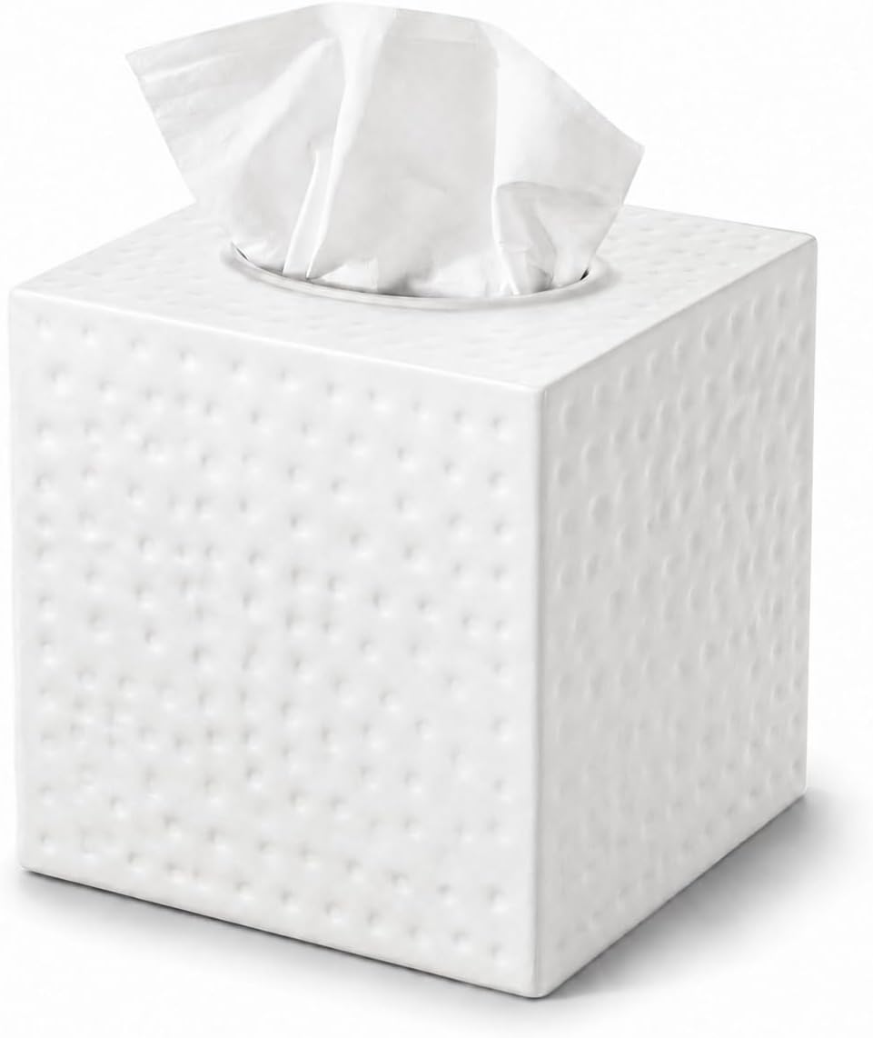 Monarch Abode Tissue Box Cover Square – Hand Hammered White Metal Tissue Holder Box for Bathroom Accessory, Aesthetic Decorative Facial Napkin Cube for Modern Home Decor