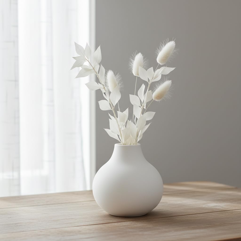 Carrot's Den Small White Ceramic Round Vase for Greenery, Short Modern