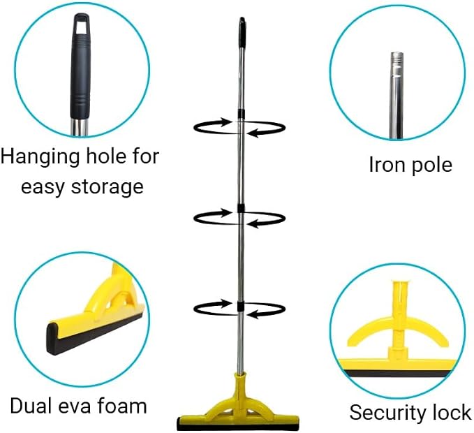 2-in-1 Heavy Duty Floor Squeegee and Water Broom with Telescopic Handle, EVA Foam Blade for Tile, Concrete, Marble, Garage, Patio and Shower Cleaning