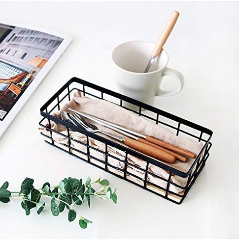 KiaoTime Metal Wire Storage Organizer Bin Basket, Home Kitchen Restaurant Coffee Bar Station Counter Sugar Sweetener Tea Packets Holder, Rustic Style Wire Grid Wooden Base Organizing Basket
