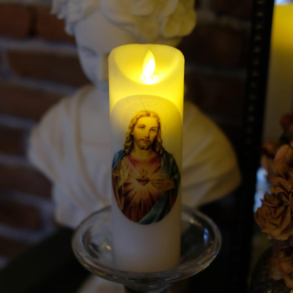 Sacred Heart of Jesus Flameless Prayer Candle, Real Wax, Moving Wick, Jesus Devotion Flicker Bright Candles, Battery Operated with Remote Timer Function