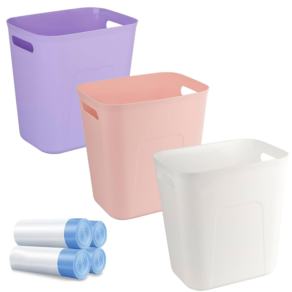 Small Bathroom Trash Can with Bags Garbage Can, 3 Pack, White+Pink+Purple