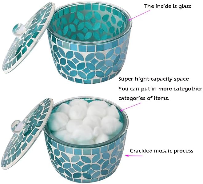 Bathroom Qtip Holder, Green Countertop Storage Organizer Canister Jar Qtip Dispenser Holder Mosaic Glass with Lid- for Cotton Swabs,Bath Salts, Hair Band, Cotton Balls and Candy