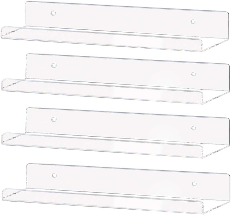 Weiai Clear Acrylic Shelves 15" Floating Wall Mount Ledge Display Bookshelf 4Pack