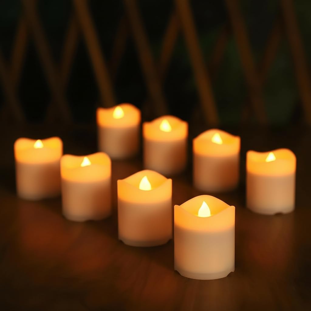 Solar Candles Outdoor Waterproof, 8pcs Rechargeable Dusk to Dawn Little Votive Candles, Flameless Flickering Solar Tea Lights for Patio Yard Deck Pathway Window Outdoor Lantern Decor (Warm Amber)