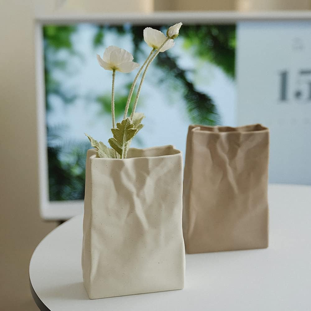 WENSHUO Flower Vase, Ceramic Crinkle Paper Bag Vase, 7.87 x 5.7 in, Crème