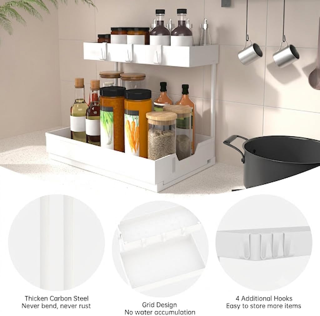 NATURE'S SOURCE 2-Tier Under Sink Organizers and Storage 2 Pack Sliding L-shape Under Cabinet Organizers For Narrow Space Multi-purpose Sink Organizer for Bathroom Kitchen Drawer(White 2 Pack)