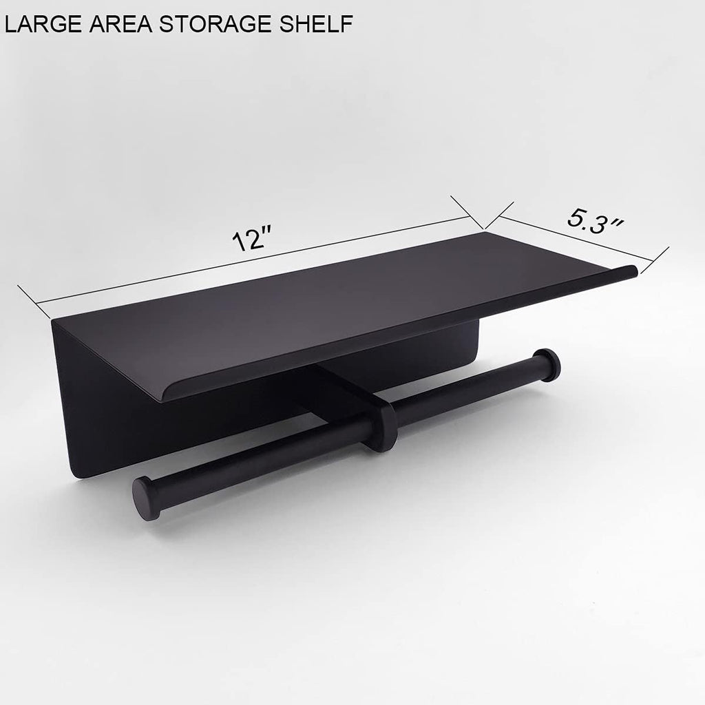 GZILA Double Toilet Paper Holder with Shelf Matte Black Wall Mounted, Dual Large Rolls Tissue Holder Multipurpose TP Dispenser, SUS 304 Stainless Steel