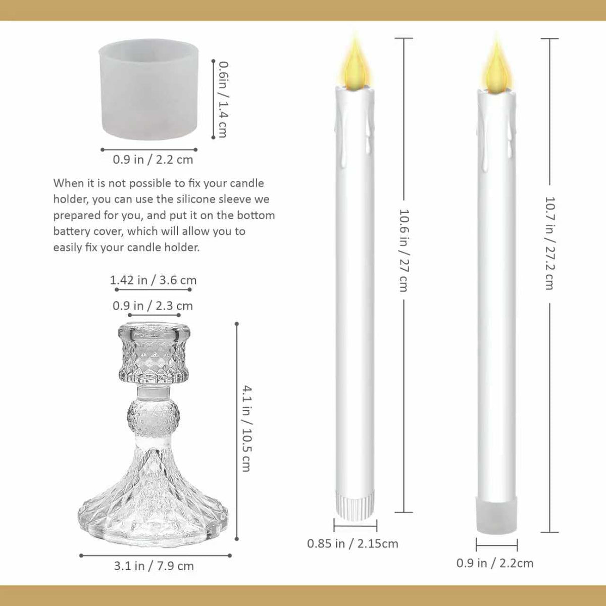 Flameless Taper Candles with Illuminated Glass Candle Holder, Remote Timer 2AA Battery Operated 500+ Hours for Thanksgiving/Xmas Decor, Wedding Centerpiece (White, 2 Pack)