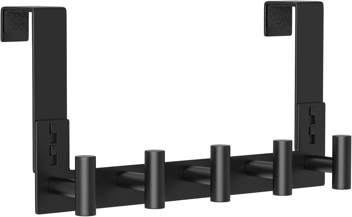Stainless Steel Over The Door Hooks Heavy Duty, Bathroom Towel Holder Door Mount Coat Rack Towel Rack for Bedroom, Doors Hangers Towel Hooks for Bathroom Dorm Essentials (1 Pack,Black-5 Hooks)