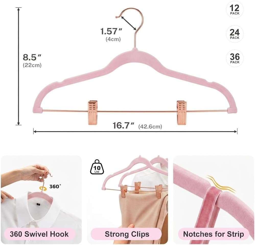 HOUSE DAY Pants Hangers with Clips 24 Pack, with Rose Gold Hook and Clips