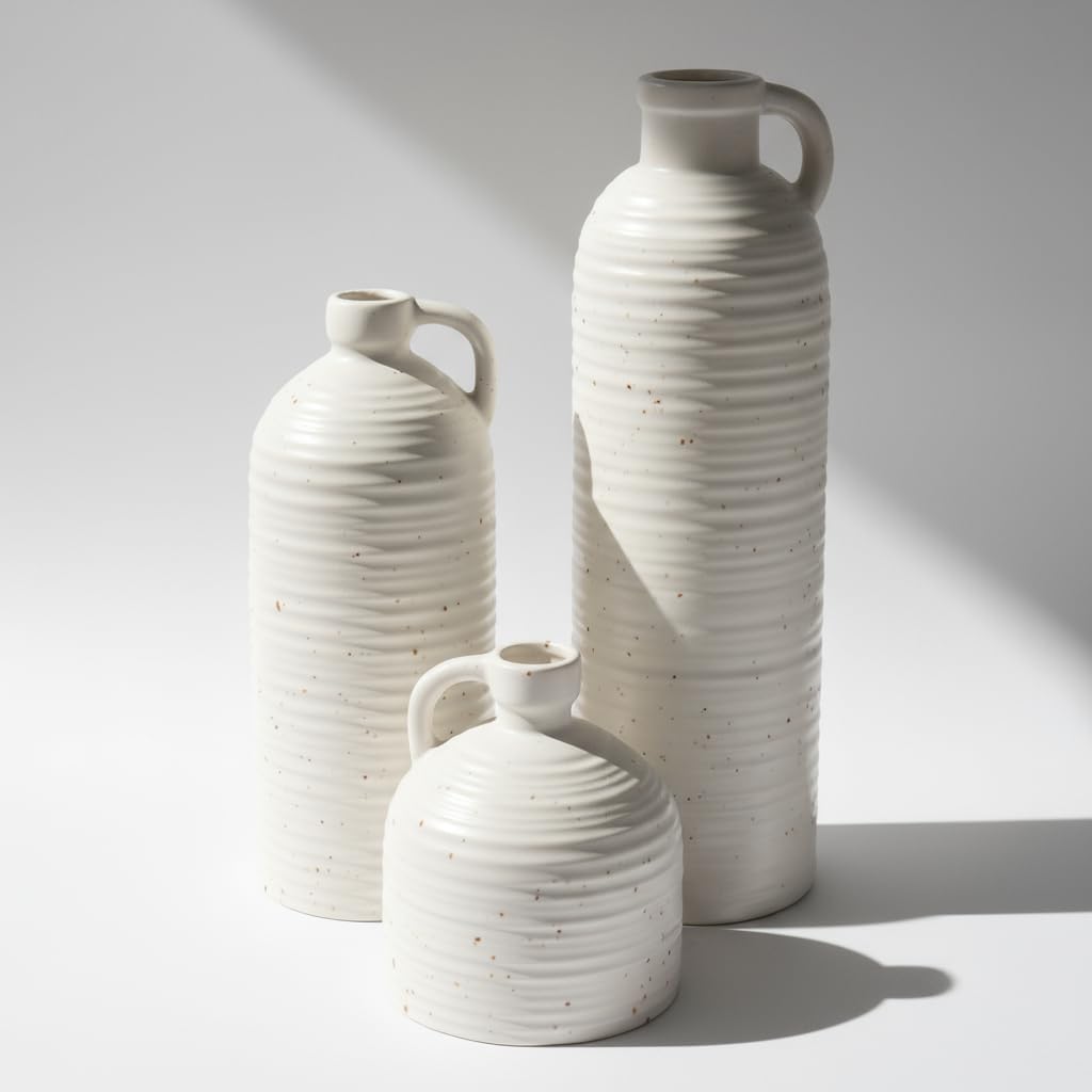 White Polka Dot Vase Set of 3, Ribbed Jugs with Handles for Home Decor