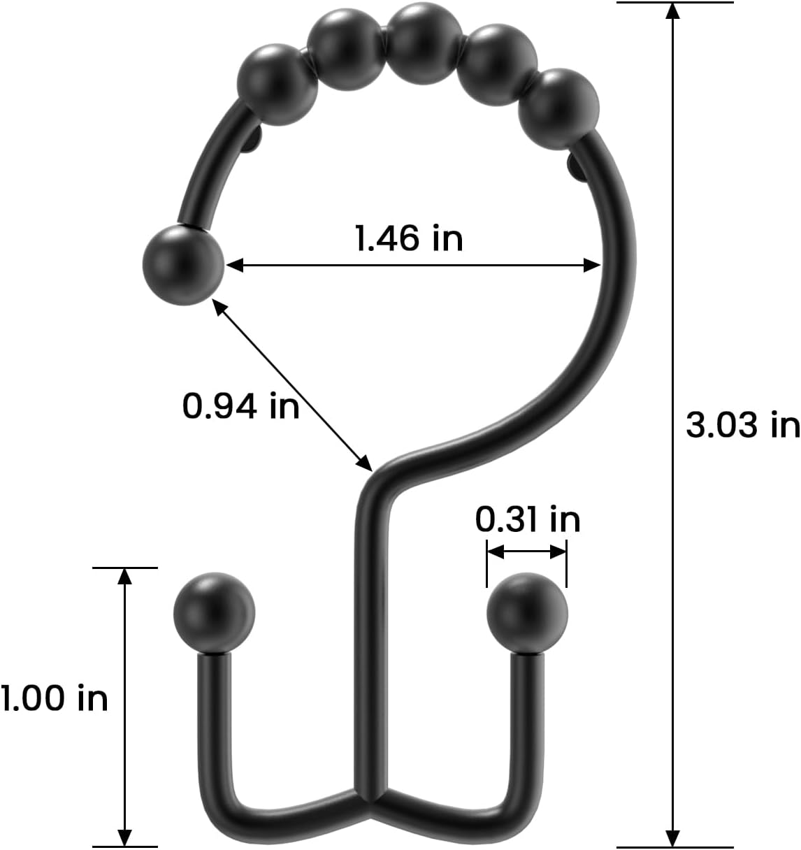 Shower Curtain Hooks Rings, Rust Proof Stainless Steel Shower Curtain Hooks Double Sided for Bathroom Shower Rods Curtains, Set of 12, Black