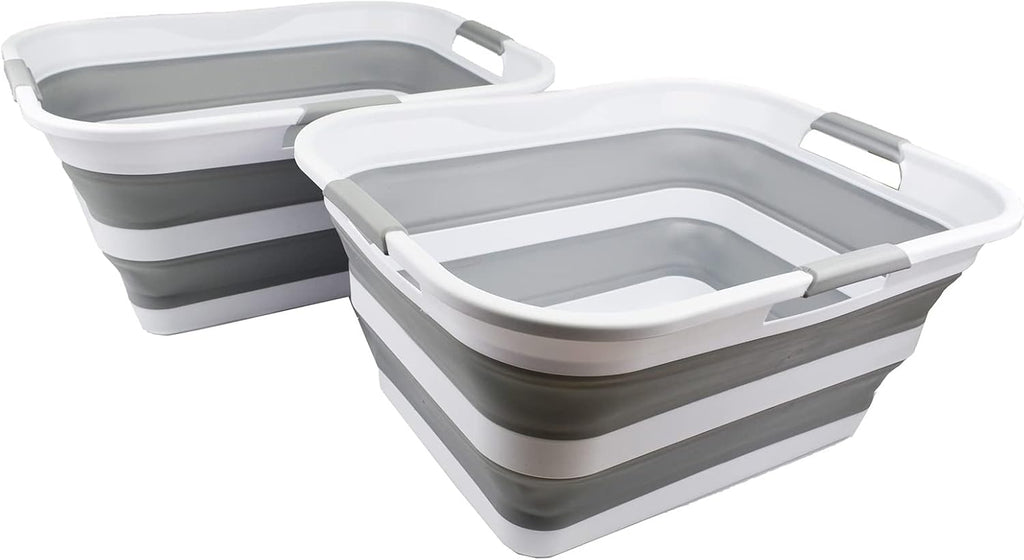 SAMMART 42L (11 gallon) Collapsible Plastic Laundry Basket - Foldable Pop Up Storage Container/Organizer - Portable Washing Tub - Space Saving Hamper/Basket (White/Grey (Set of 2))